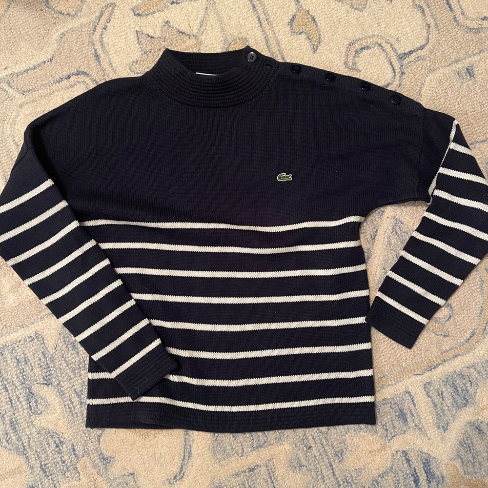Lacoste vintage side button striped sweater navy blue white stripes size EU 40